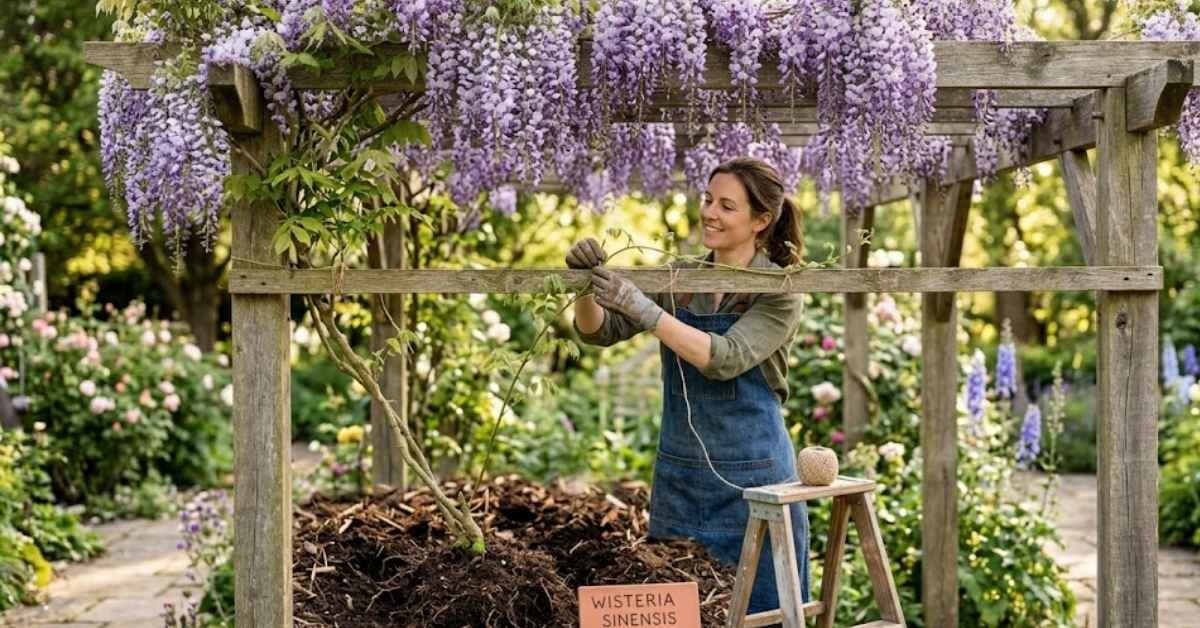 A woman in a denim apron training a young Wisteria sinensis vine onto a wooden pergola with purple wisteria flowers blooming overhead.