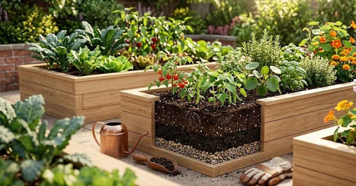 A cross-section view of a wooden raised garden bed showing layers of drainage pebbles, compost, and topsoil with growing tomato and herb plants.