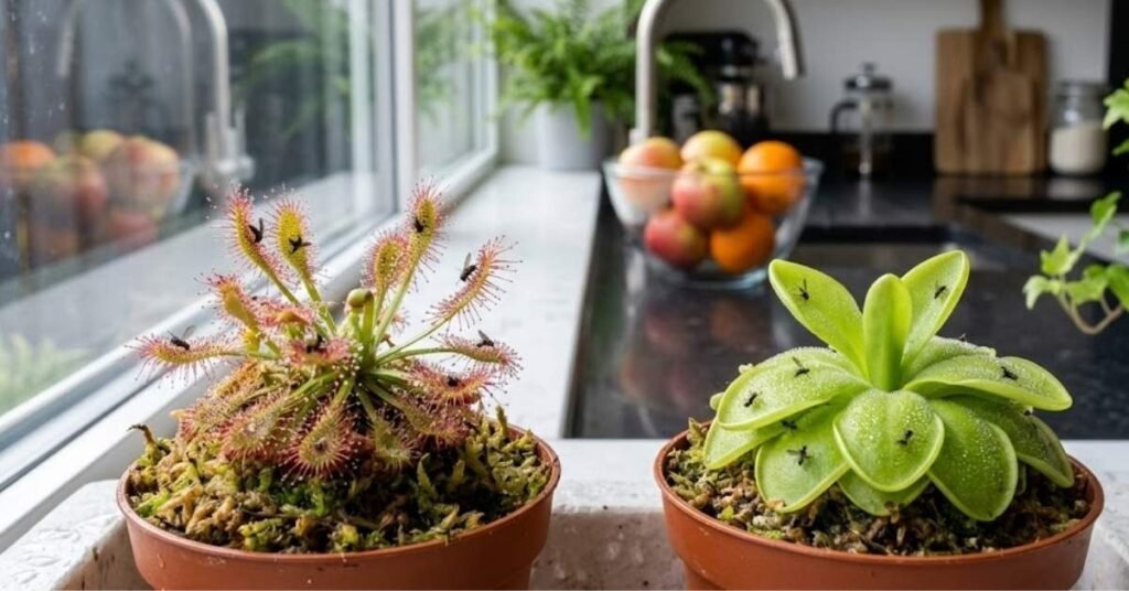 Two carnivorous plants, a Sundew and a Butterwort, in brown pots on a kitchen windowsill with small insects trapped on their sticky leaves.