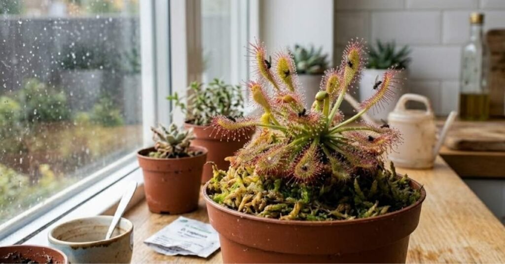 A Cape Sundew carnivorous plant in a brown pot on a wooden kitchen counter, with several small flies trapped on its sticky, red-tipped leaves near a window.