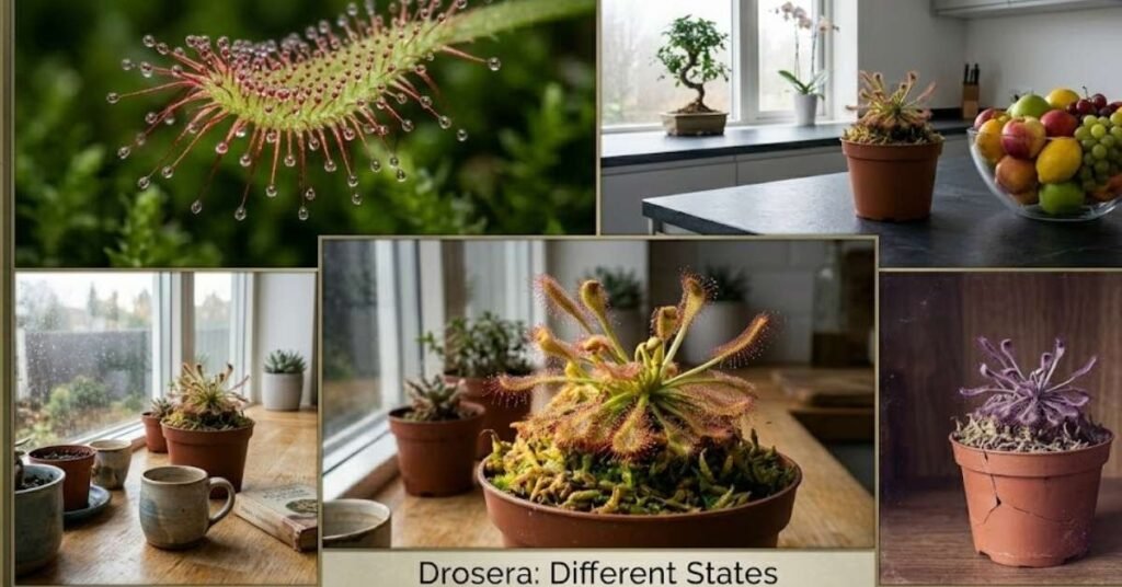 A collage titled "Drosera: Different States" showing various stages and settings of Sundew plants, including a macro shot of dew-covered tentacles and several potted specimens on kitchen counters and windowsills.