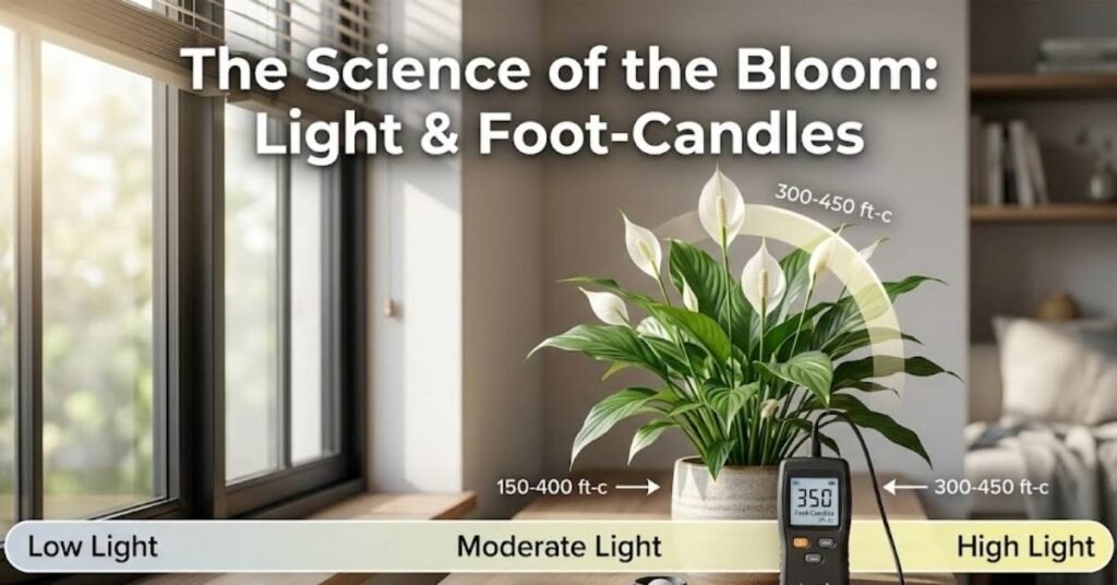 An infographic titled "The Science of the Bloom: Light & Foot-Candles" showing a Peace Lily plant next to a window with a light meter displaying 350 foot-candles.