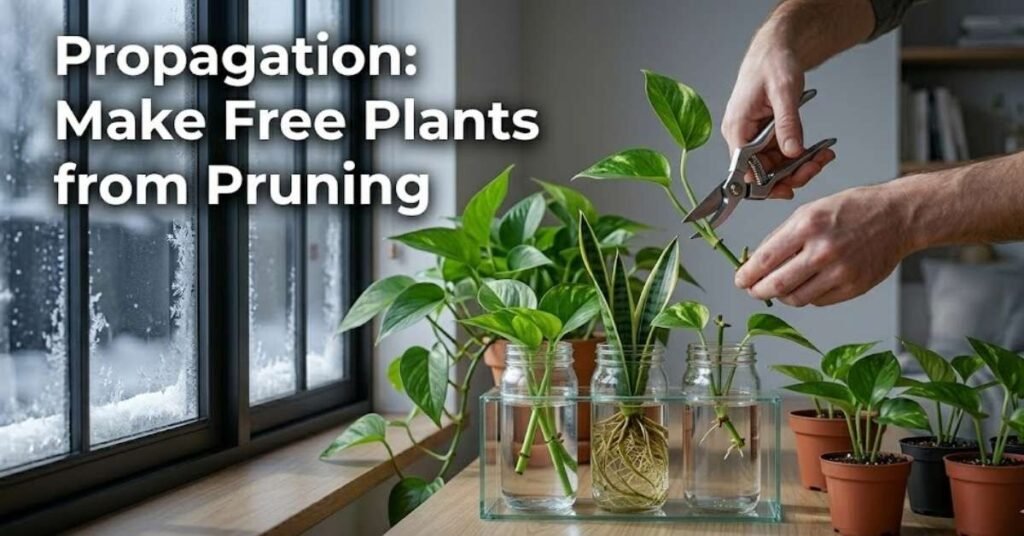 A propagation station featuring three glass jars of water with plant cuttings, including a snake plant and pothos, next to a person using pruning shears to take a fresh stem cutting from a mother plant.