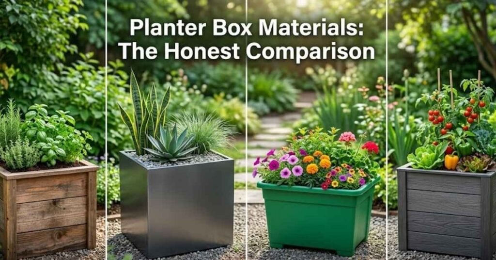 A side-by-side comparison of four different planter box materials: natural wood, sleek metal, green plastic, and dark gray composite, each holding different plants like herbs, succulents, and flowers.