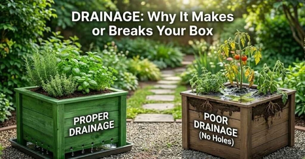 A side-by-side comparison of two wooden planter boxes in a garden. The left box is green with "Proper Drainage" showing water dripping out, containing healthy herbs. The right box is brown with "Poor Drainage (No Holes)" showing a dying, yellowed tomato plant sitting in water.