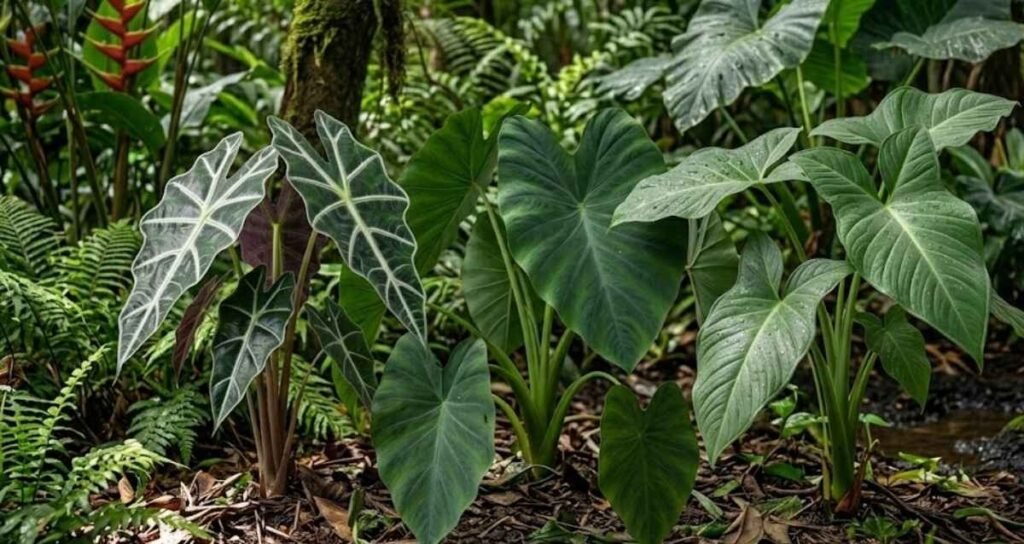 Various species of Alocasia plants, including Alocasia Amazonica with white veins and large Elephant Ear varieties, growing together in a lush tropical forest floor environment.