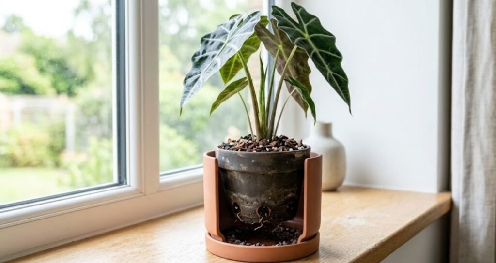 An Alocasia Polly plant in a breathable black inner pot with multiple drainage holes, sitting inside a decorative terracotta orchid-style outer pot on a bright windowsill.