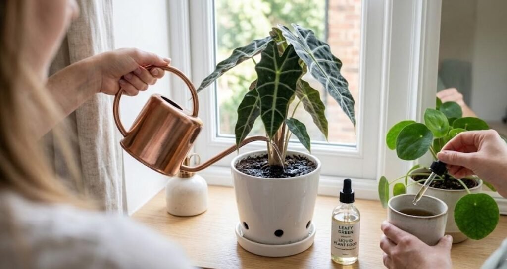 A person using a copper watering can to water an Alocasia Amazonica (Polly) houseplant on a windowsill while adding liquid plant food to a cup with a dropper.