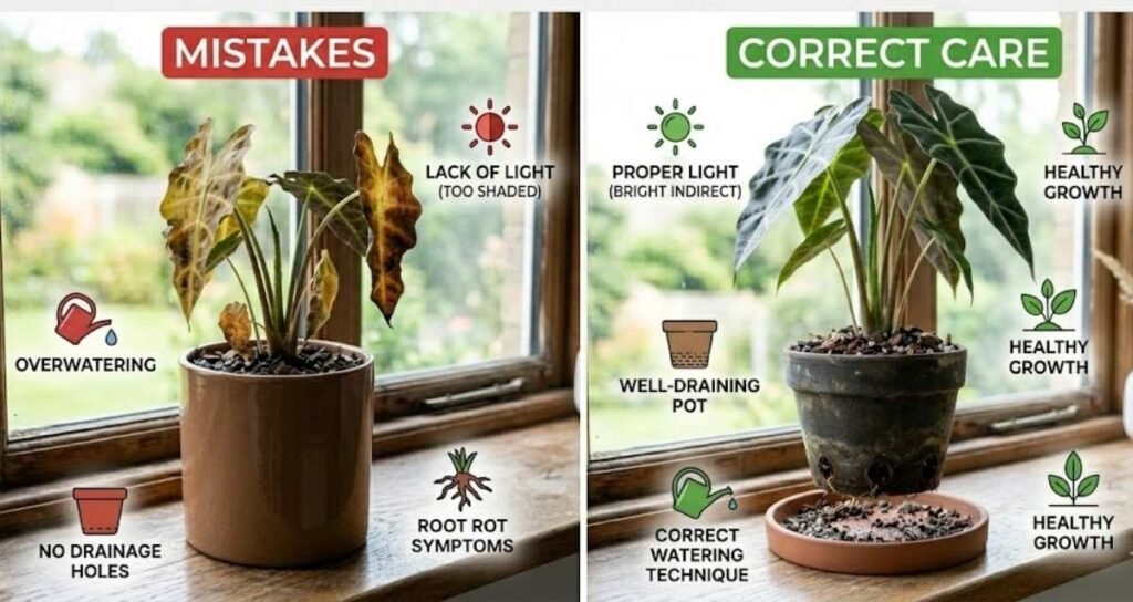 A side-by-side comparison infographic showing "Mistakes" vs "Correct Care" for an Alocasia plant. The left side shows a dying plant with brown leaves due to overwatering and lack of light, while the right side shows a thriving plant in a well-draining pot with proper indirect light.