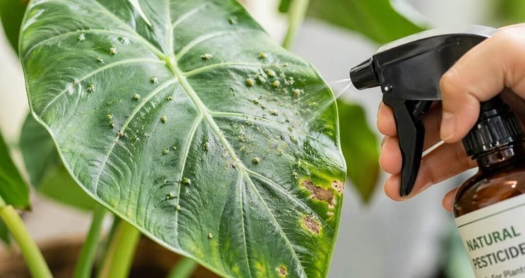 A hand spraying a natural pesticide from a glass spray bottle onto a large Alocasia leaf infested with small green aphids and showing signs of leaf damage