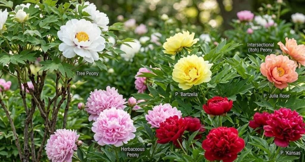 An illustrative guide image showing a variety of labeled peonies in a garden, including a white tree peony, a pink herbaceous peony, a yellow intersectional (Itoh) peony, a peach-colored intersectional peony, and a dark red herbaceous peony. Text labels identify each type.