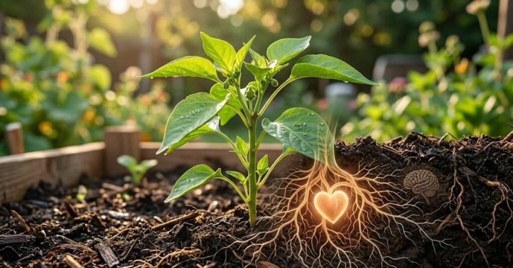 A young green plant growing in a raised garden bed with a conceptual glowing heart and brain integrated into the root system underground.