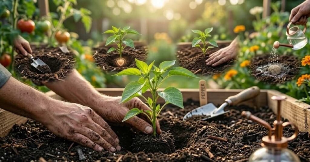 A collage of gardening hands planting a pepper seedling in a raised bed, featuring floating conceptual icons of a heart and brain being watered in the soil.