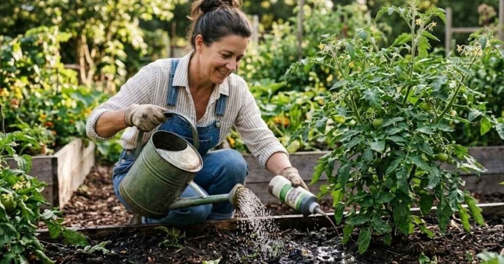 A smiling female gardener in denim overalls watering a leafy tomato plant in a raised garden bed while applying liquid organic fertilizer from a bottle.